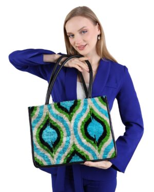 Fia Green Blue Ikat Pattern Women Medium Tote Bag