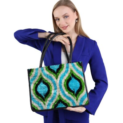 Fia Green Blue Ikat Pattern Women Medium Tote Bag