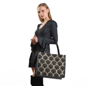 Suan Black Round Patterned Large Tote Bag