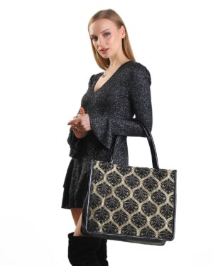 Suan Black Round Patterned Large Tote Bag