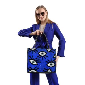 Jocalyn Navy Blue Eye Pattern Women Large Tote Bag