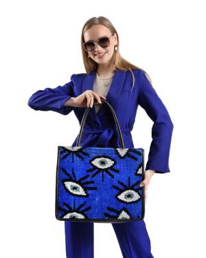 Jocalyn Navy Blue Eye Pattern Women Large Tote Bag
