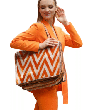 Orlaith Orange Chevron Women Leather Large Tote Bag