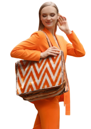 Orlaith Orange Chevron Women Leather Large Tote Bag