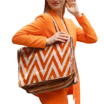 Orlaith Orange Chevron Women Leather Large Tote Bag